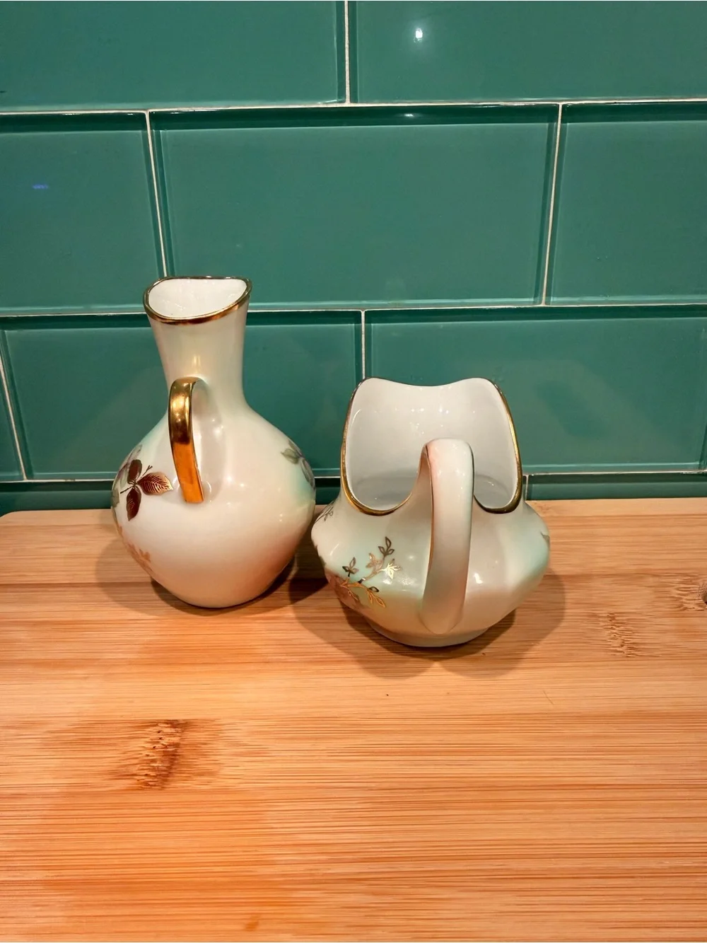Vintage Bavaria Floral Porcelain Creamer and Pitcher Set in White with Gold Trim